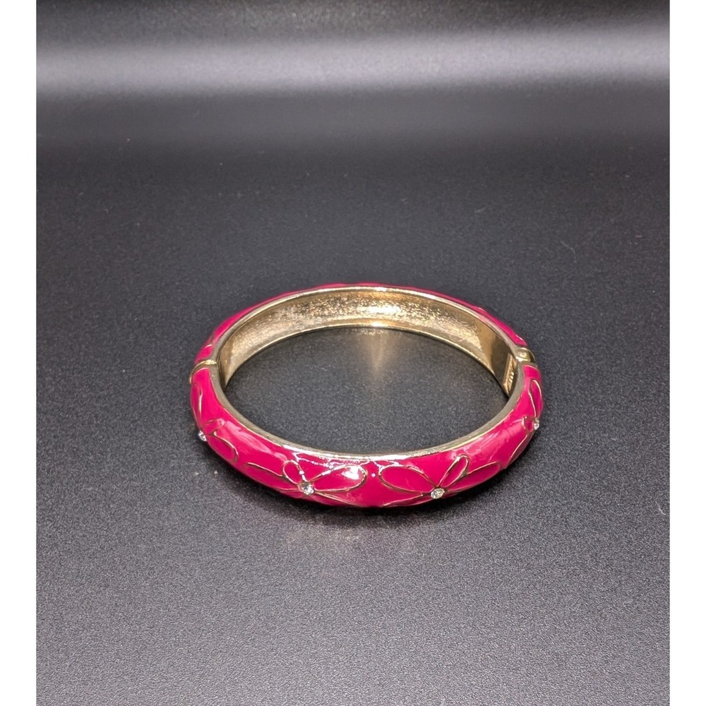 Pink Enamel Gold Tone Hinged Bangle Bracelet Floral Rhinestone Costume Jewelry